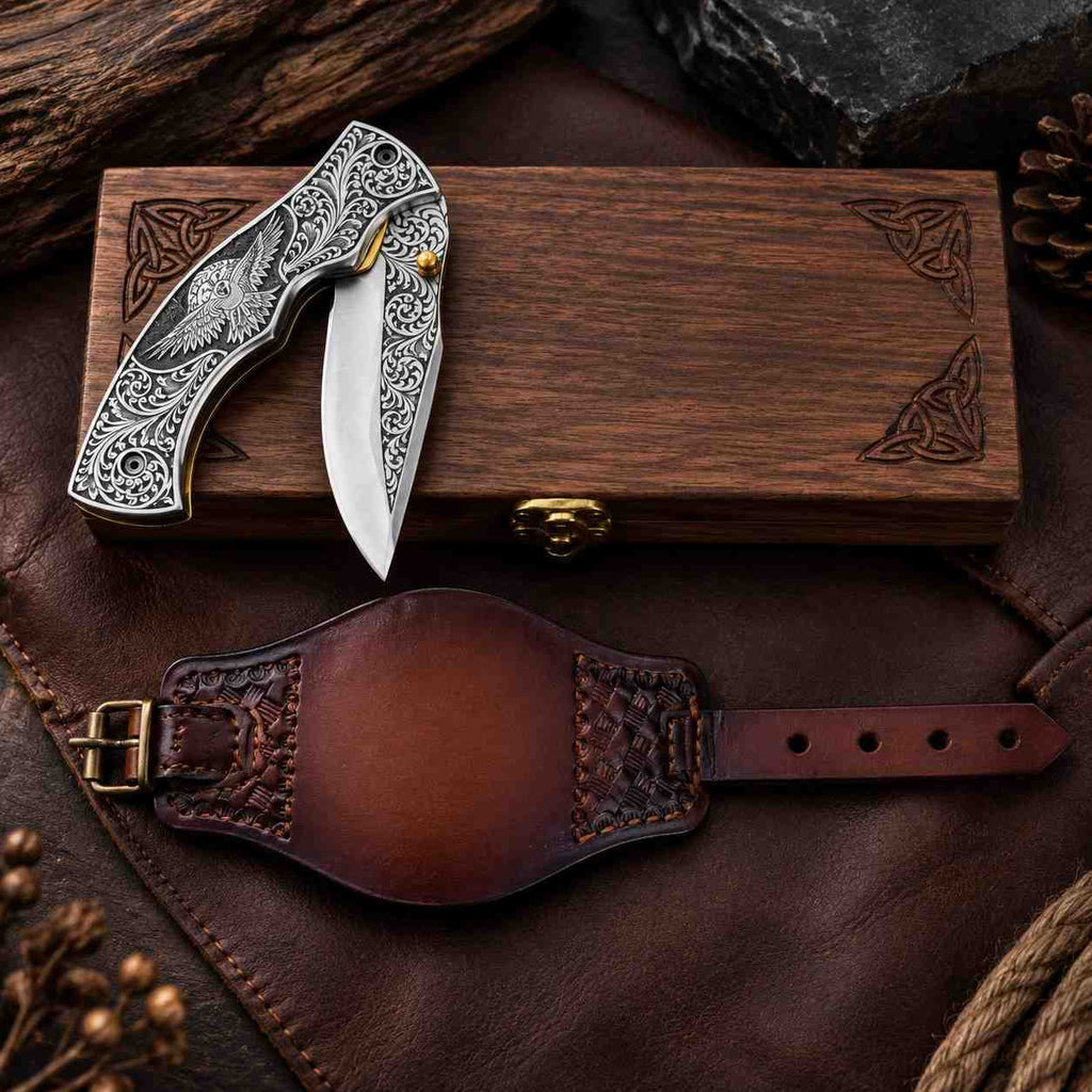 Personalized Viking Raven Folding Knife – Engraved D2 Steel Pocket Knife With Gift Box