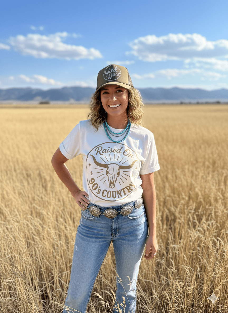 Raised On 90's Country Steer Skull Graphic Tee