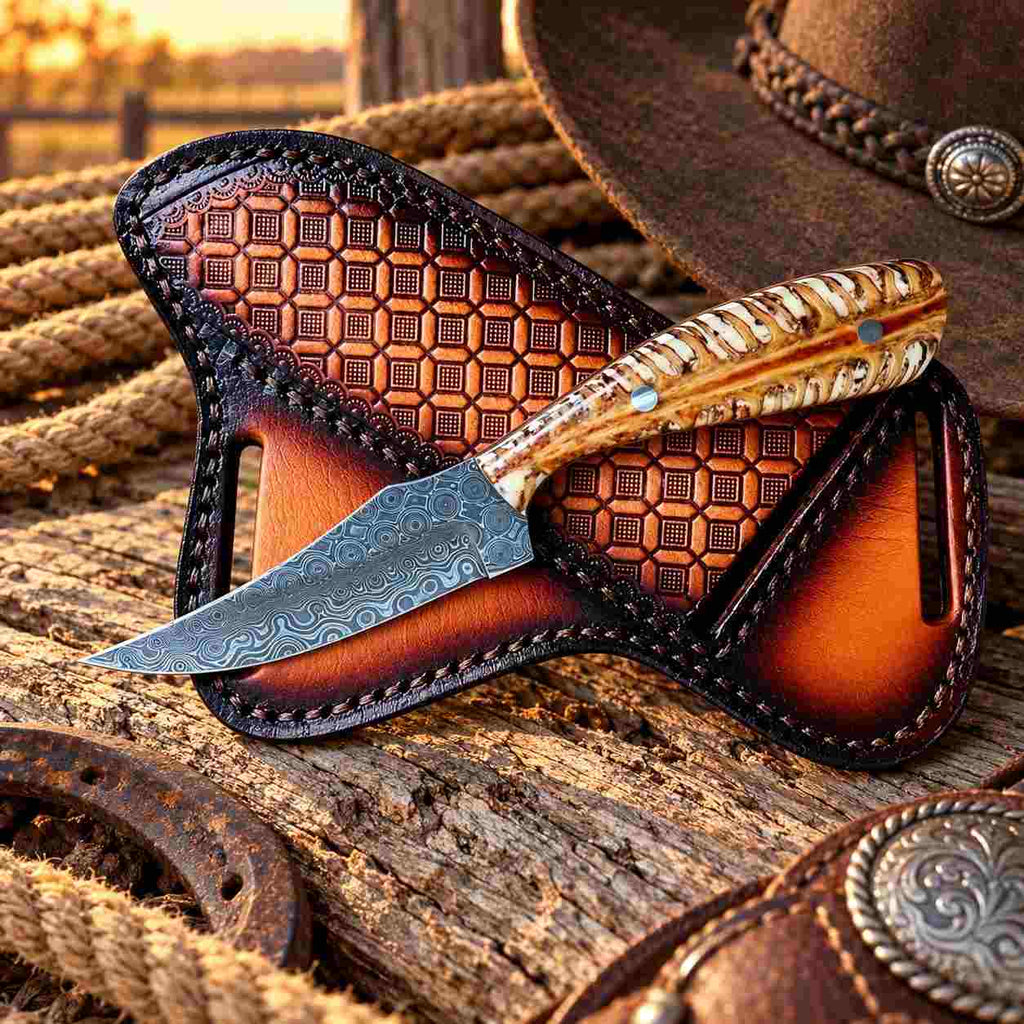 Handmade Damascus Ranch Cowboy Knife with White Pinecone Handle & Western Leather Sheath
