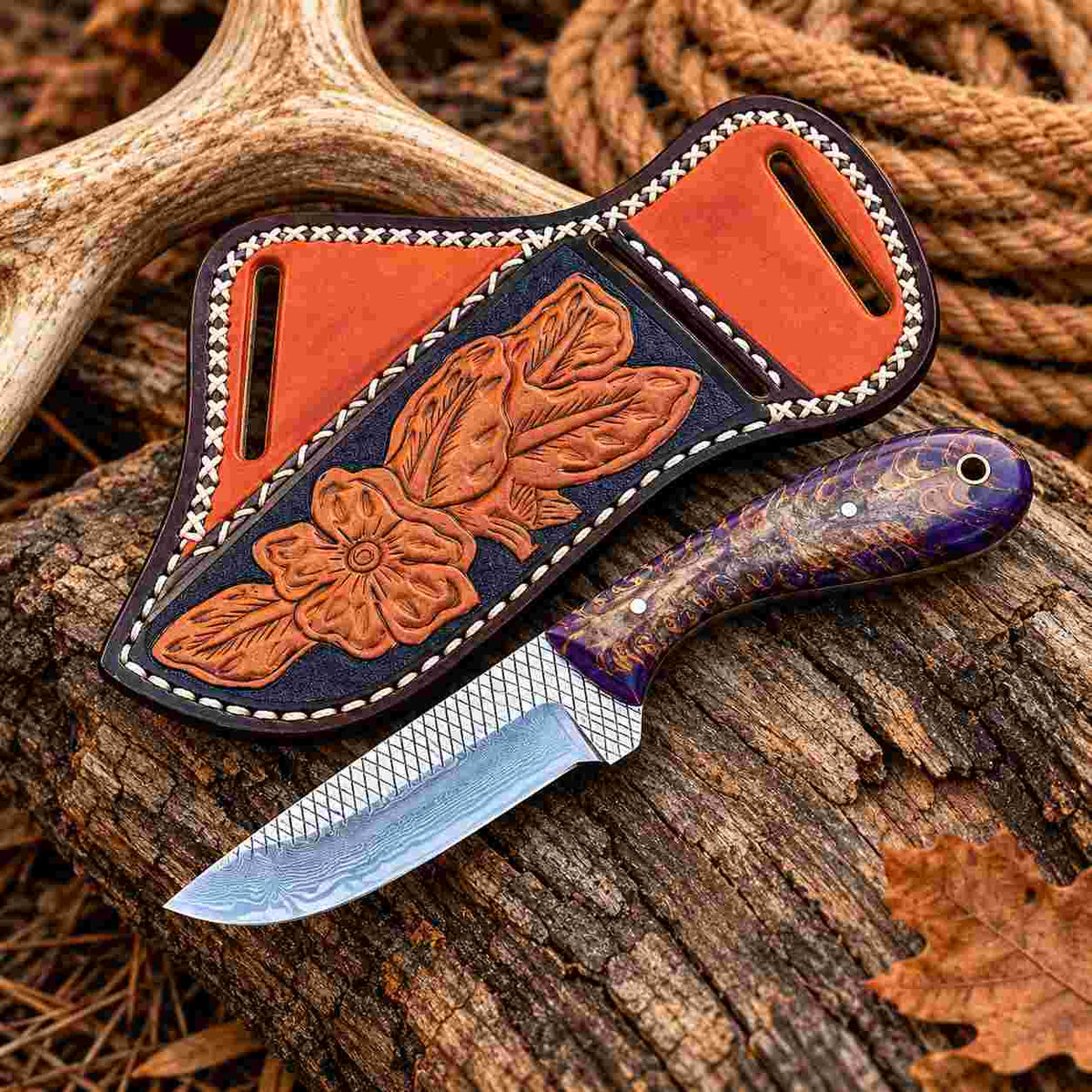 Handmade Horse Rasp Cowboy Skinner Knife with Pinecone Resin Handle & Cross-Draw Leather Sheath