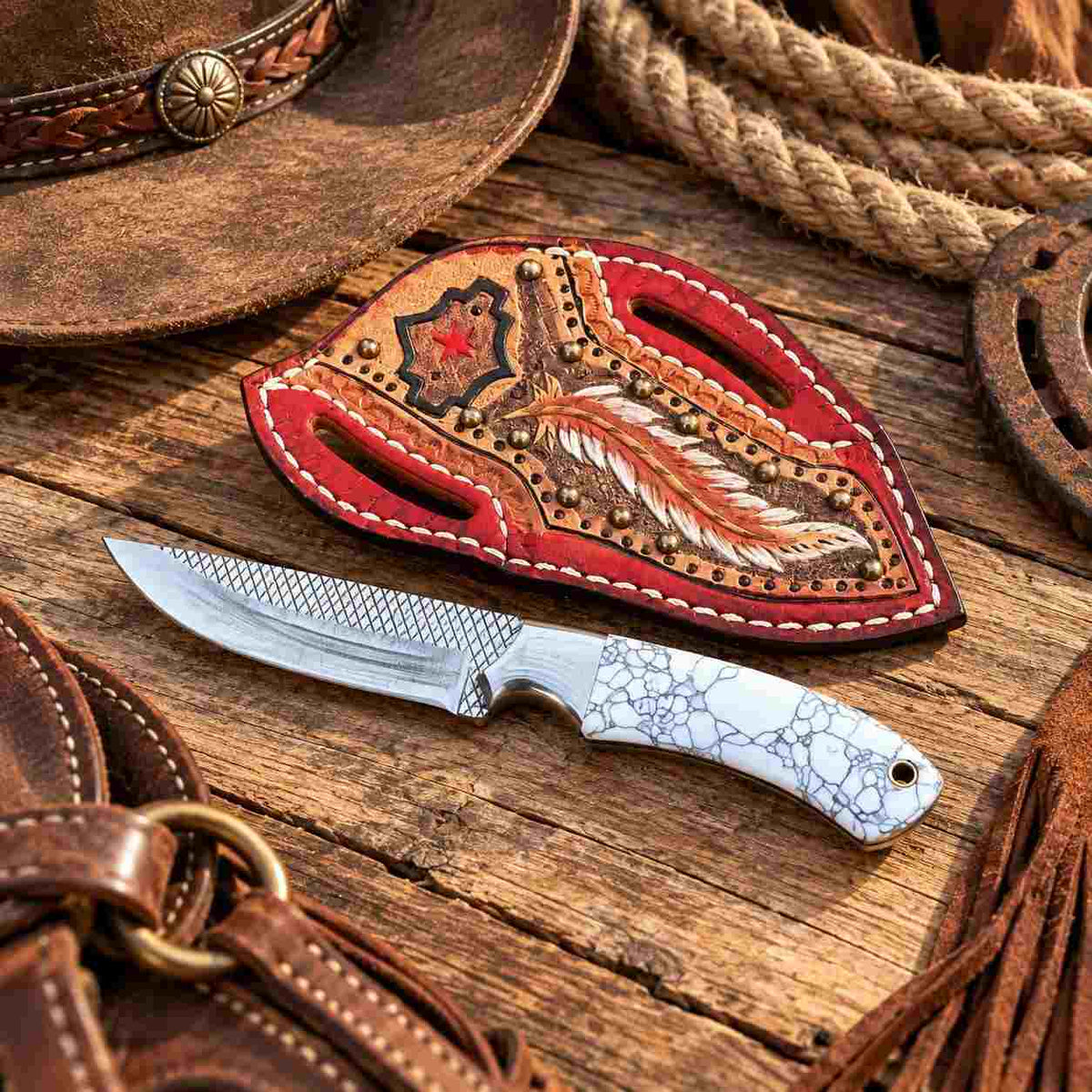 Handmade Horse Rasp Cowboy Skinner Knife with Stone Handle, Steel Bolster & Cross-Draw Leather Sheath