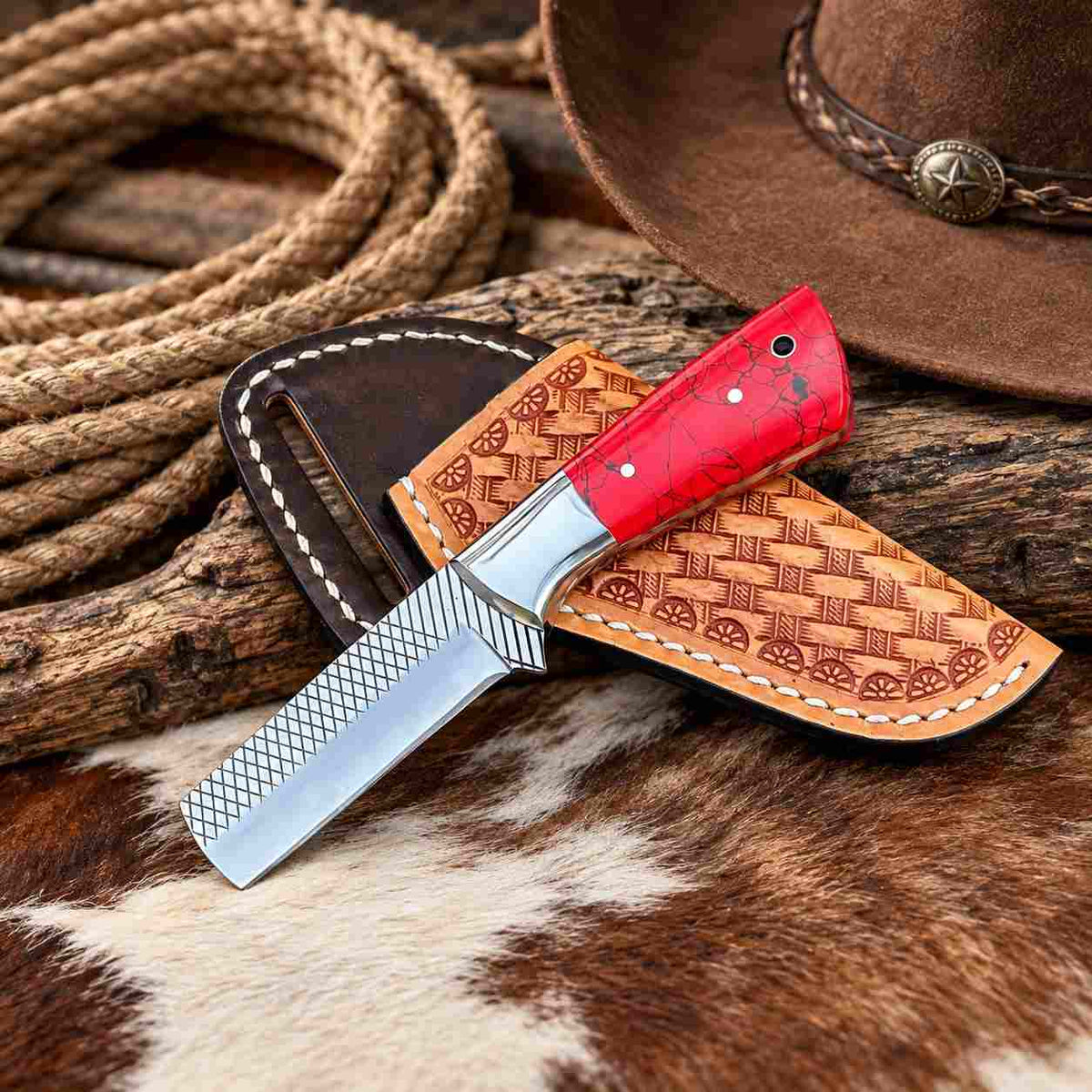 Custom Handmade Horse Rasp Stainless Steel 3-Inch Western Bull Cutter with Red Stone Handle & Leather Sheath