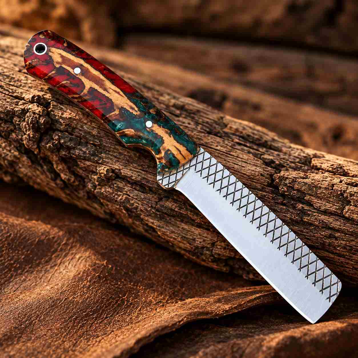 5-Inch Western Bull Cutter Knife with Red Turquoise Pine Cone Handle & Blue Leather Sheath