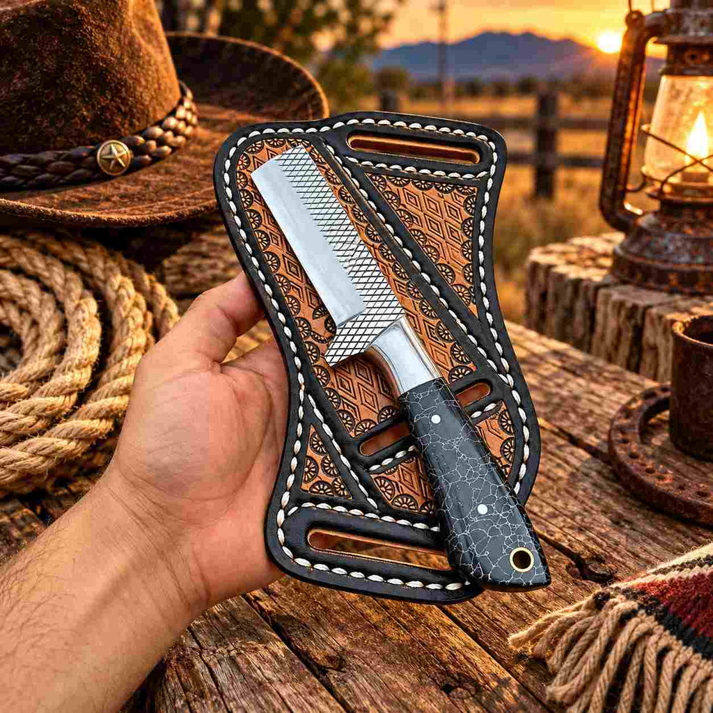 Custom Handmade Horse Rasp Stainless Steel 7-Inch Western Cowboy Bull Cutter with Stone Handle & Leather Sheath