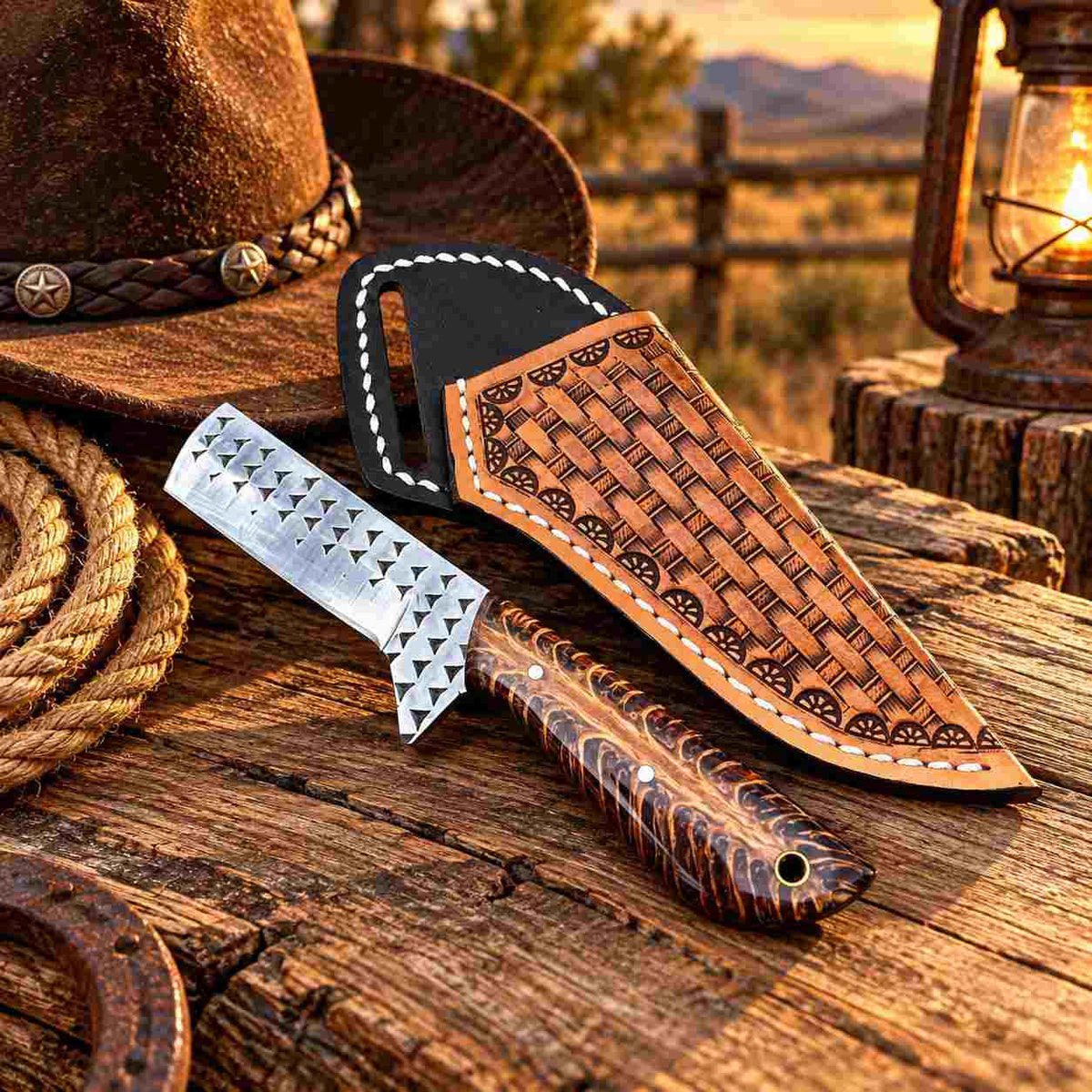 Custom Handmade Horse Rasp Stainless Steel 6-Inch Western Cowboy Bull Cutter with Resin & Pinecone Handle and Leather Sheath