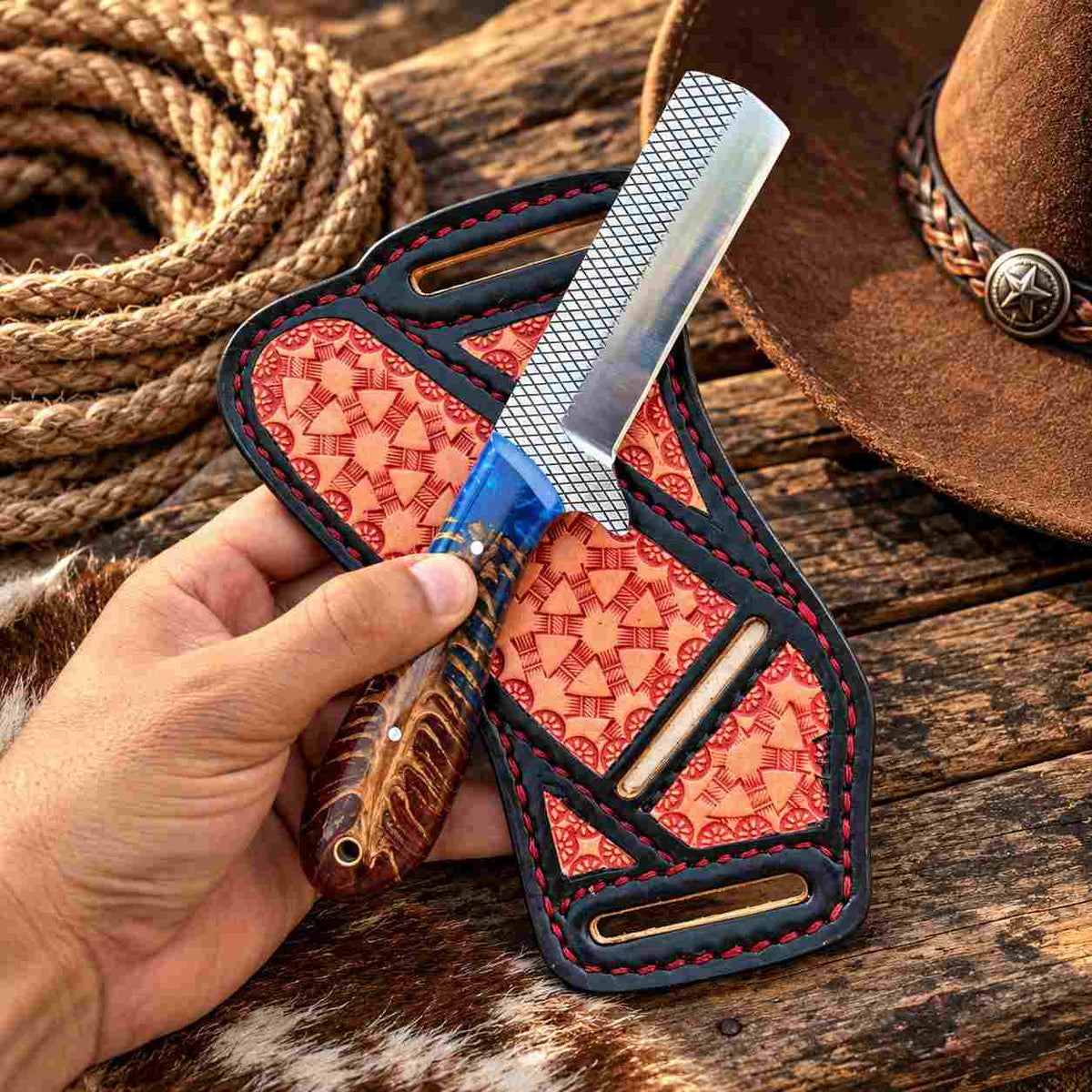 Custom Handmade Horse Rasp Stainless Steel 3.5-Inch Western Bull Cutter with Resin Pinecone Handle & Leather Sheath
