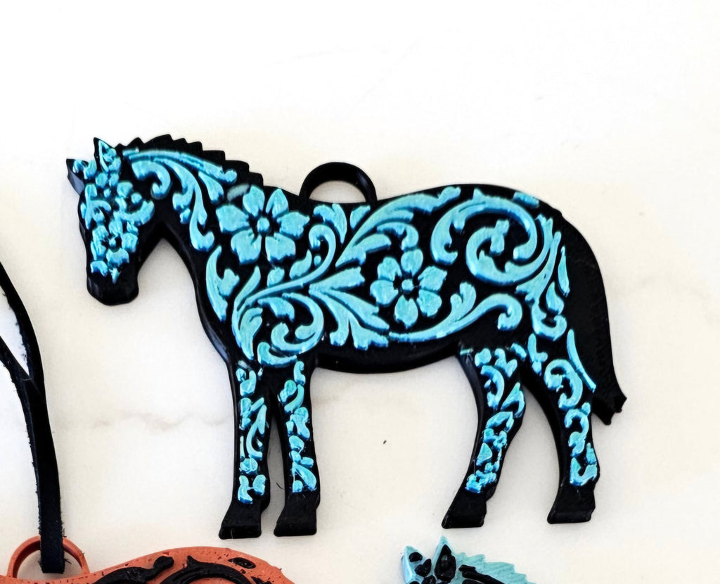 Baha Ranch 3D Print Floral Tooled Horse Charm or Keychain Made in America