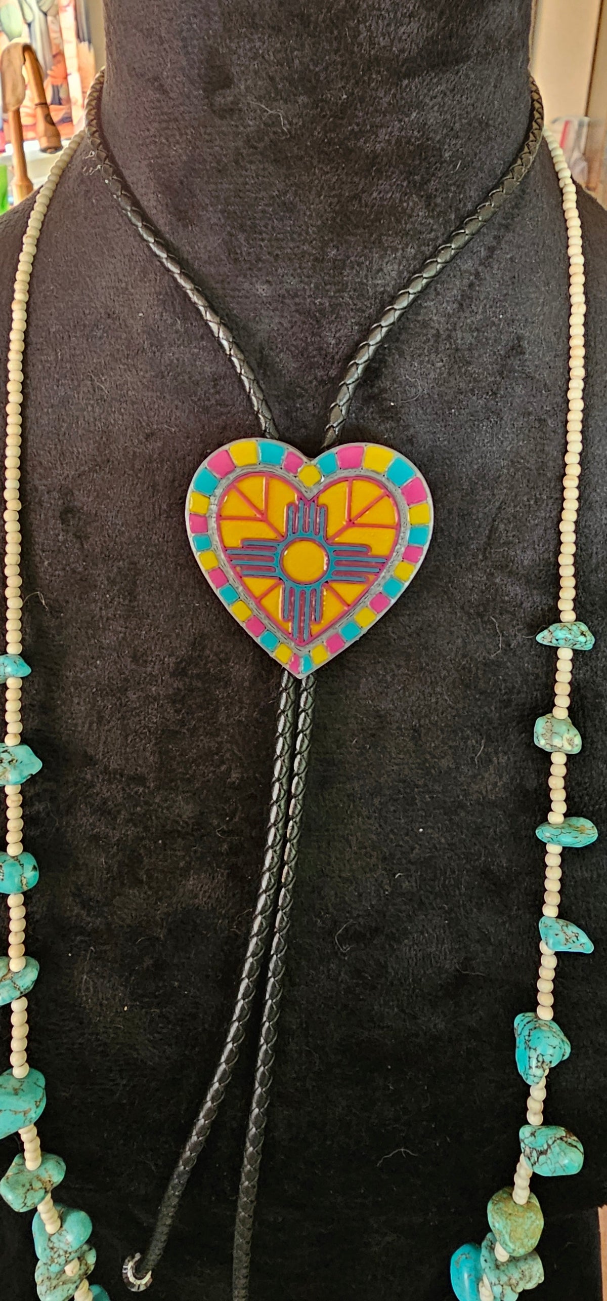 Yellow Pink Turquoise Zia 3D Inlay Heart Bolo Tie Necklace Made in America