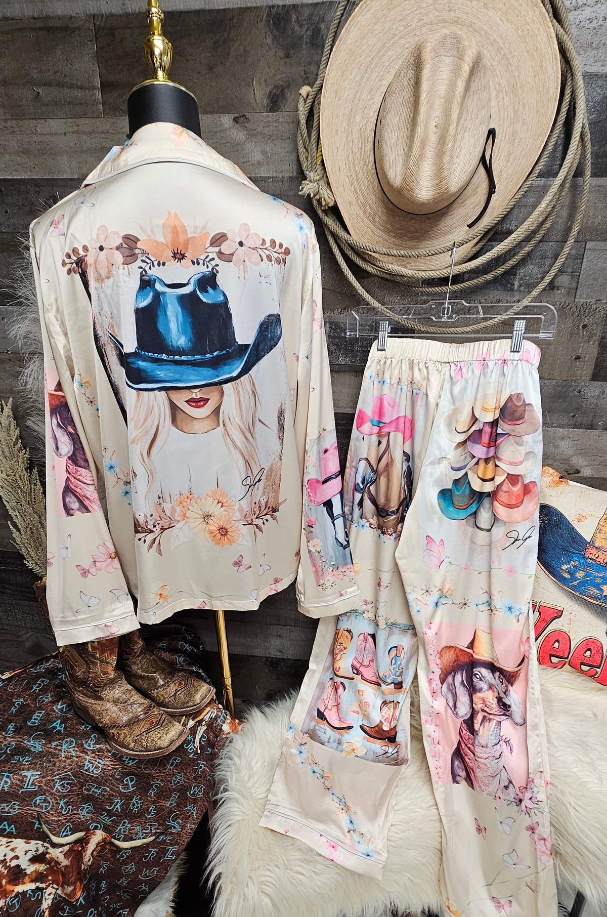 Baha Ranch Danilo Painted Cowgirl Satin Long Pajamas