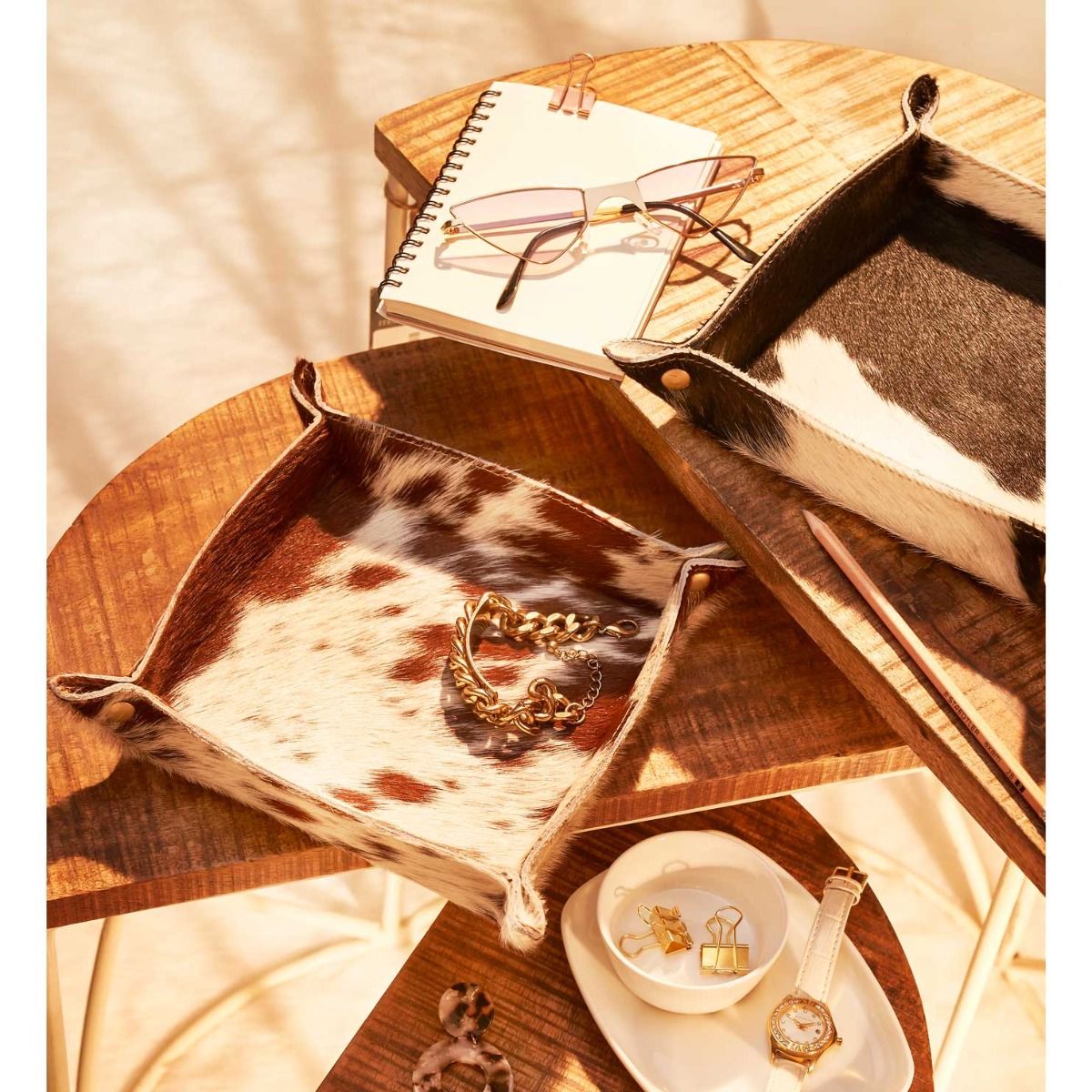 Myra Hide N Seek Tray with hairon and leather detail for home decor in western style