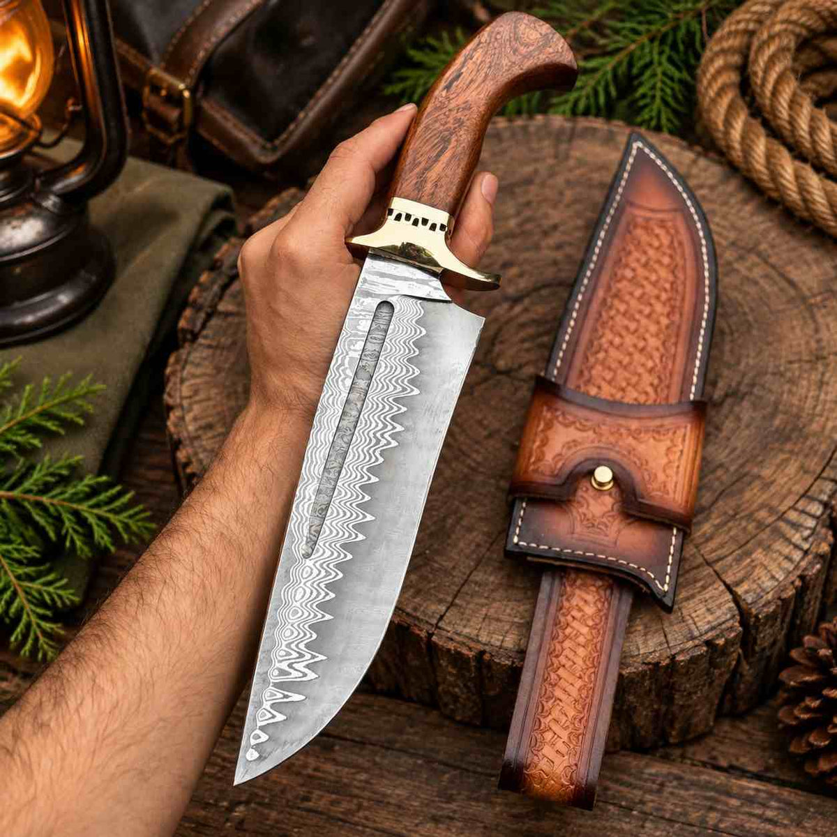 San Mai Damascus Bowie Knife With Rosewood Handle & Leather Sheath