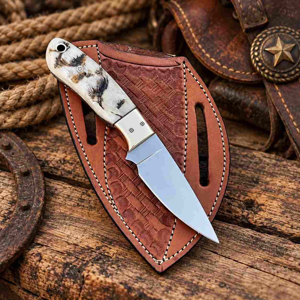 Prairie Rider D2 Cowboy Knife with Natural Sheep Horn Handle, Brass Bolster & Western Leather Sheath