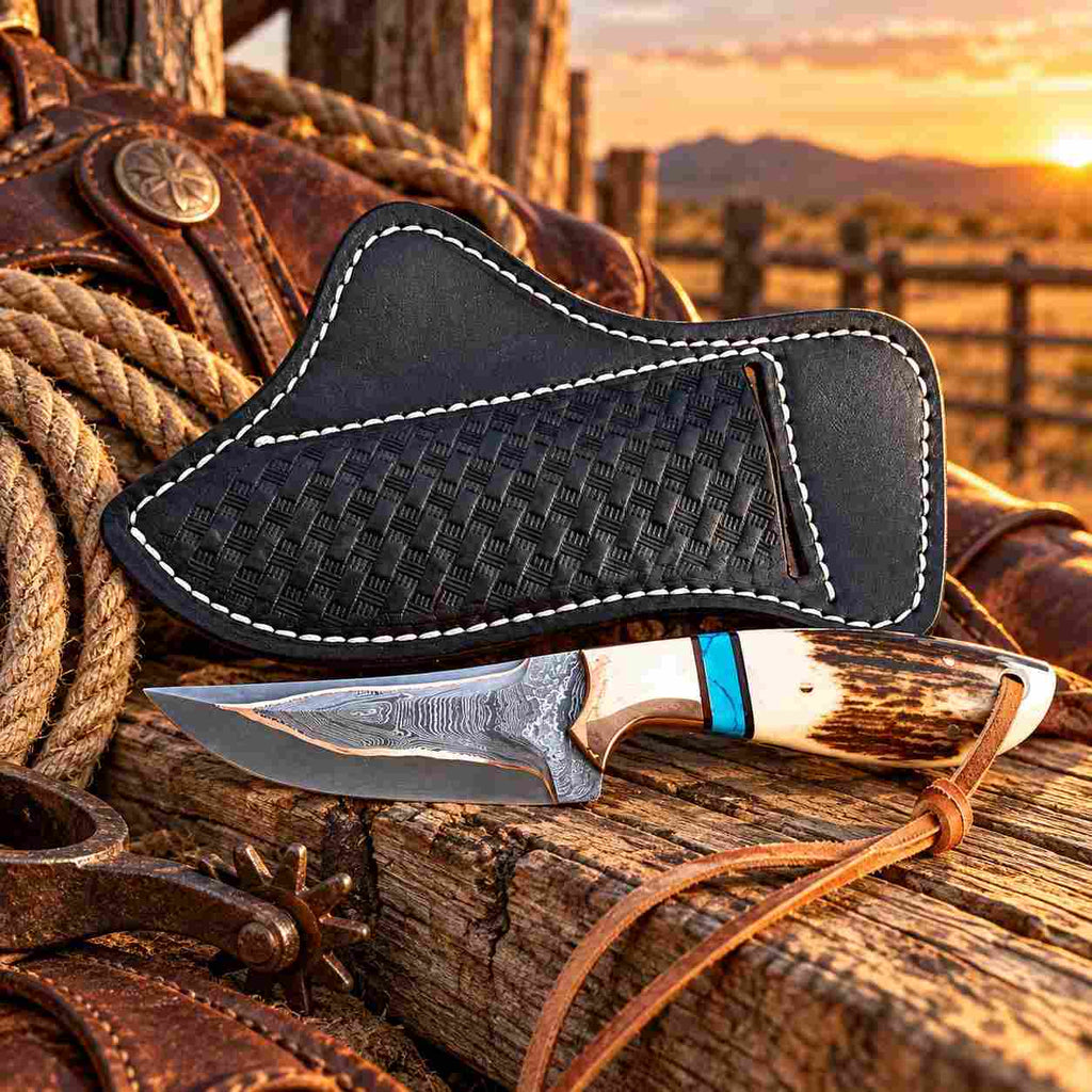 Handmade Copper Damascus Cowboy Knife with Stag Antler, Turquoise Handle & Red Copper Bolsters