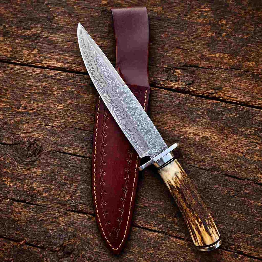 Handmade Damascus Steel Bowie Knife with Stag Antler Handle and Leather Sheath