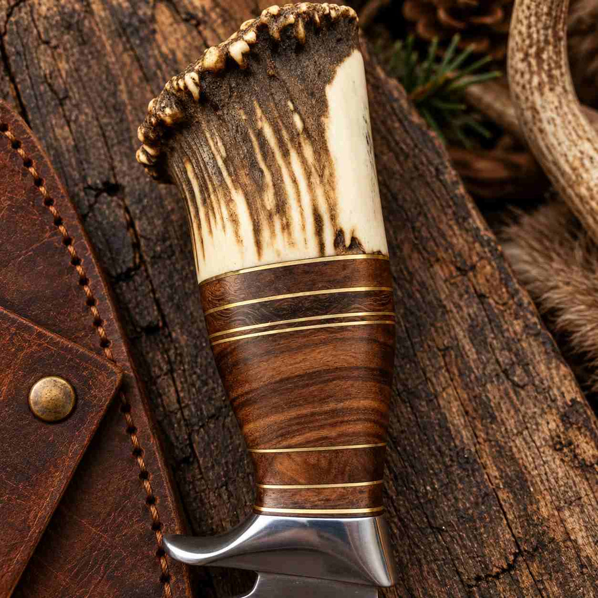 Handcrafted D2 Hunting Knife with Stag Antler Handle and Custom Leather Sheath