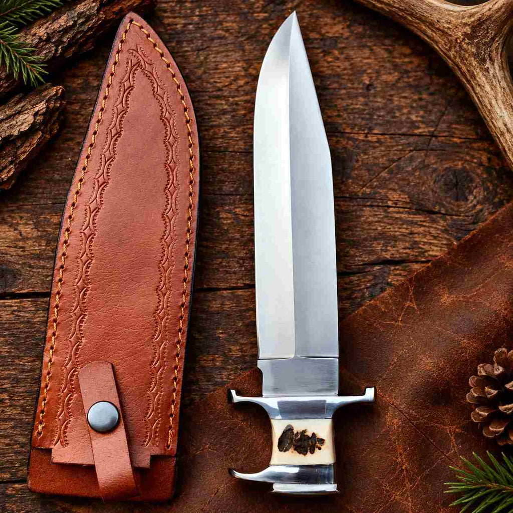 Handmade High-Grade Steel Hunting Knife with Stag Horn Handle and Leather Sheath