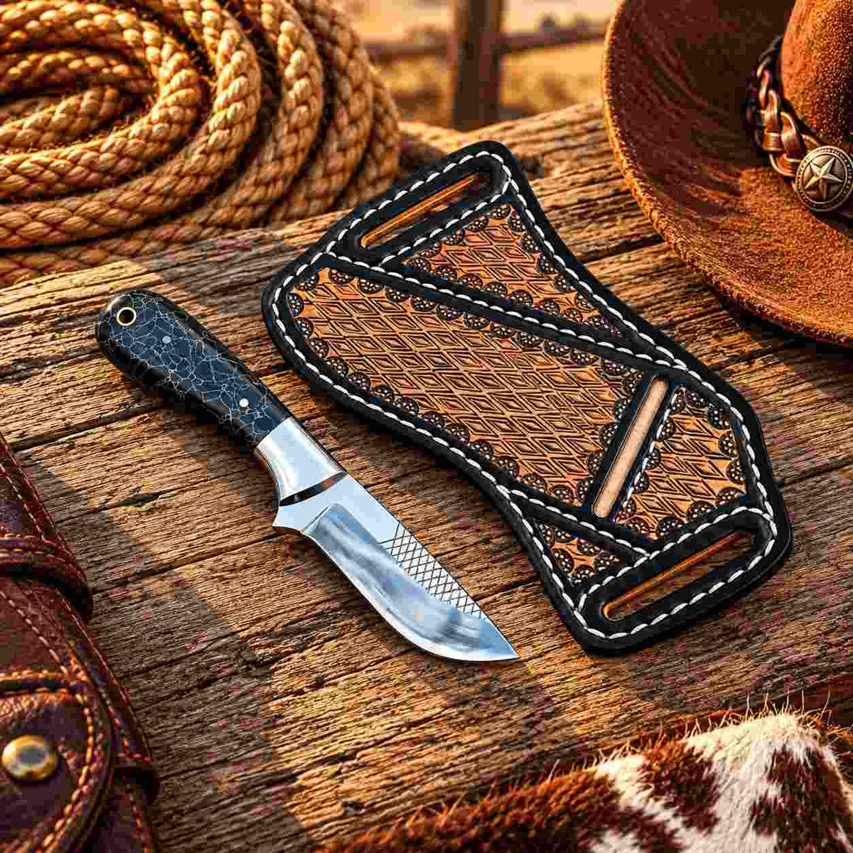 Handmade Horse Rasp Stainless Steel Cowboy Bull Cutter Knife with Orange Stone Handle & Leather Sheath – SH-DS/077