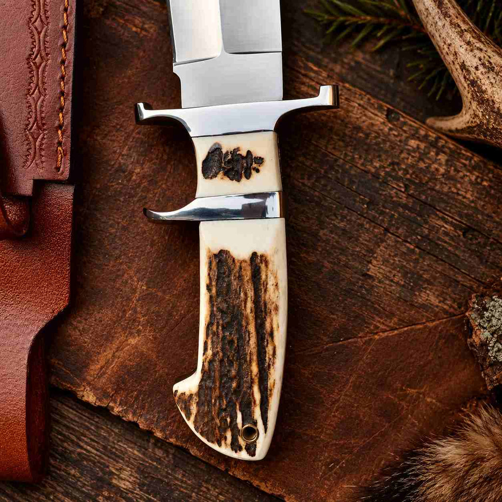 Handmade High-Grade Steel Hunting Knife with Stag Horn Handle and Leather Sheath