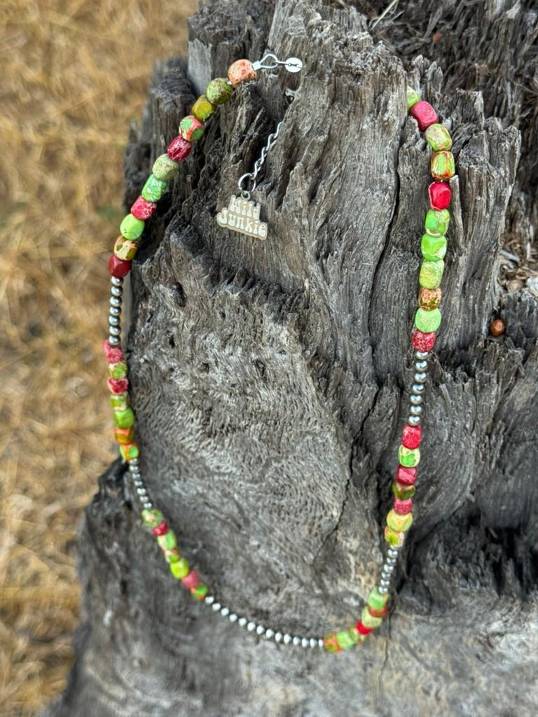 Sterling Silver Cherry Limeade Jasper Beaded Necklace