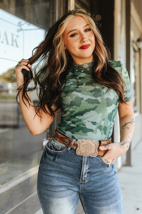Green Camo Short Sleeve Mesh Top