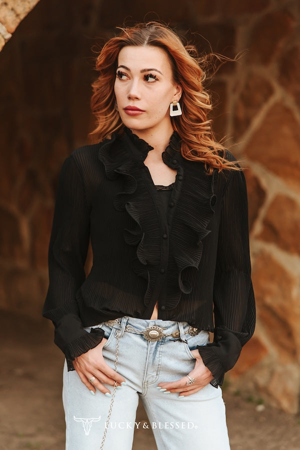 Black Sheer long Sleeve Ruffle Front Blouse