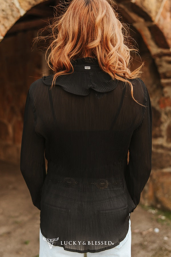 Black Sheer long Sleeve Ruffle Front Blouse