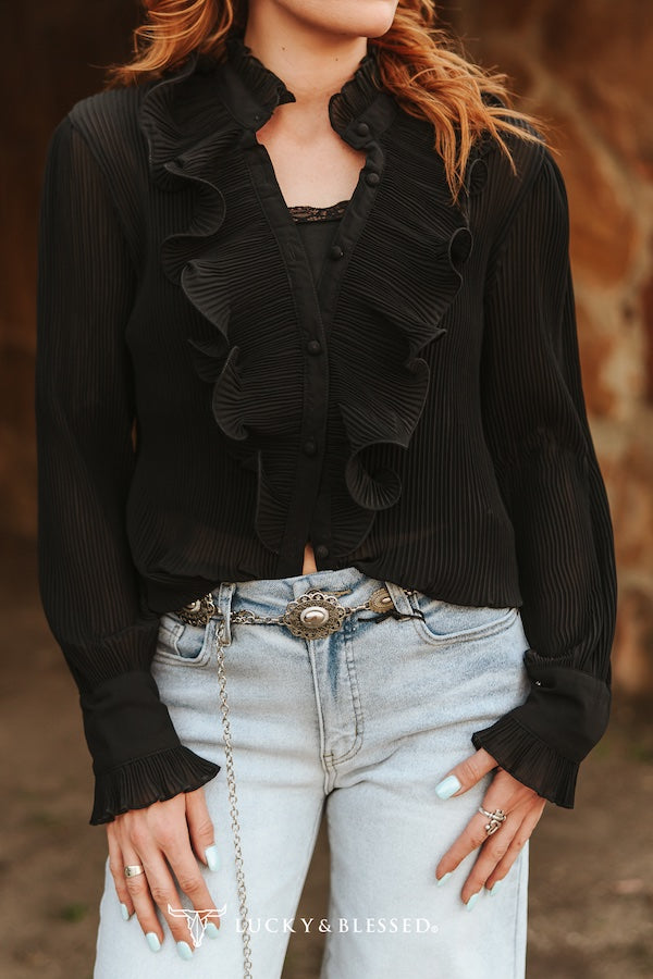 Black Sheer long Sleeve Ruffle Front Blouse