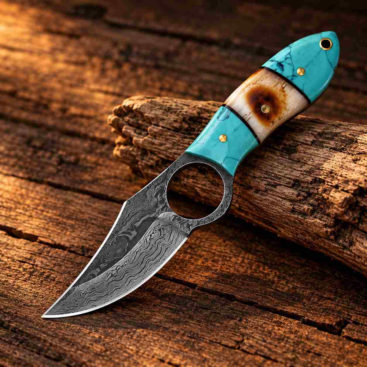Damascus Skinner Knife with Turquoise Horn Handle, Finger Ring & Leather Sheath