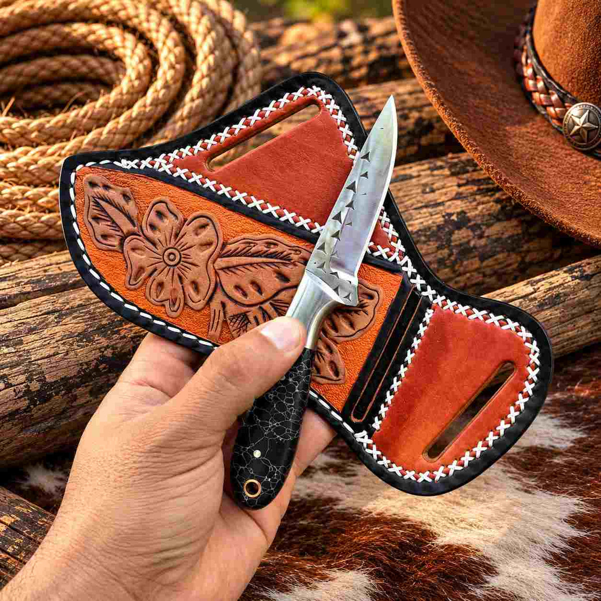 Handmade Horse Rasp Stainless Steel Cowboy Bull Cutter Knife with Turquoise Patterned Handle & Leather Sheath – SH-DS/069
