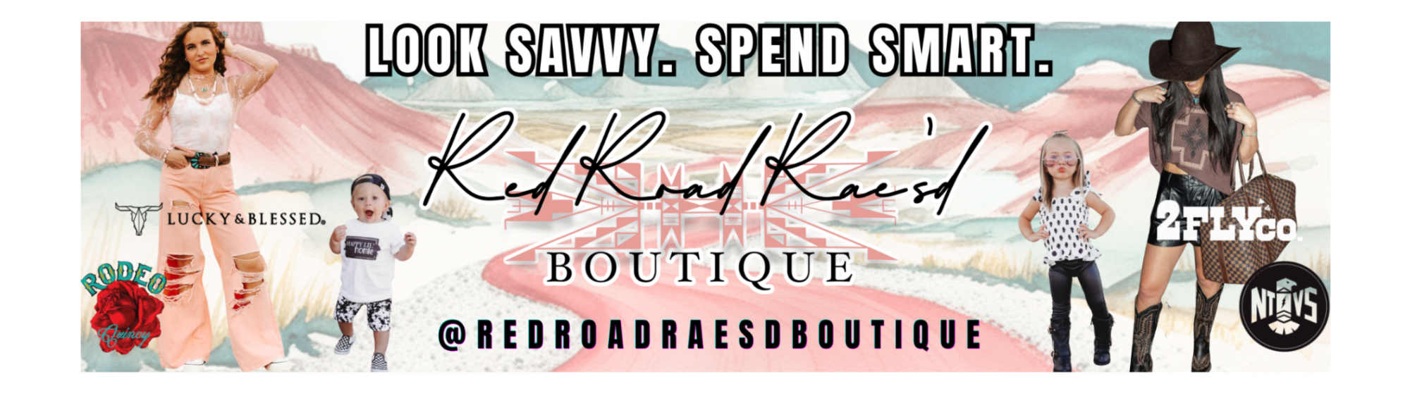 A promotional banner for 'Red Road Races Boutique' featuring multiple models in outdoor and casual settings, with text reading 'LOOK SAVVY. SPEND SMART.