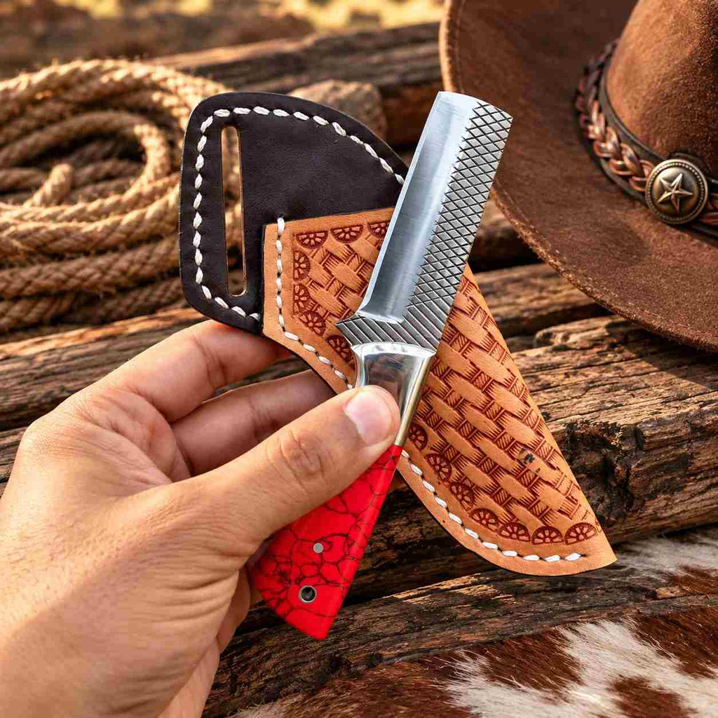 Custom Handmade Horse Rasp Stainless Steel 3-Inch Western Bull Cutter with Red Stone Handle & Leather Sheath