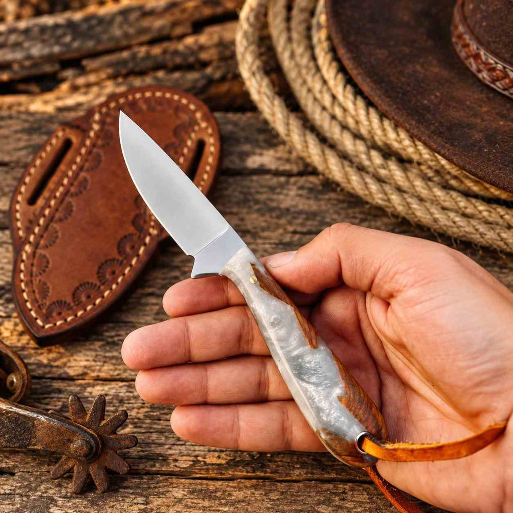 Handmade D2 Cowboy Belt Knife with Epoxy Resin Handle & Western Leather Sheath