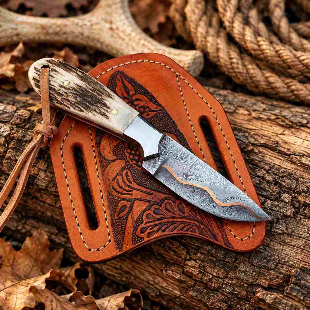 Small Handmade Damascus Cowboy Knife with Antler Handle, Copper Inlay & Cross-Draw Leather Sheath