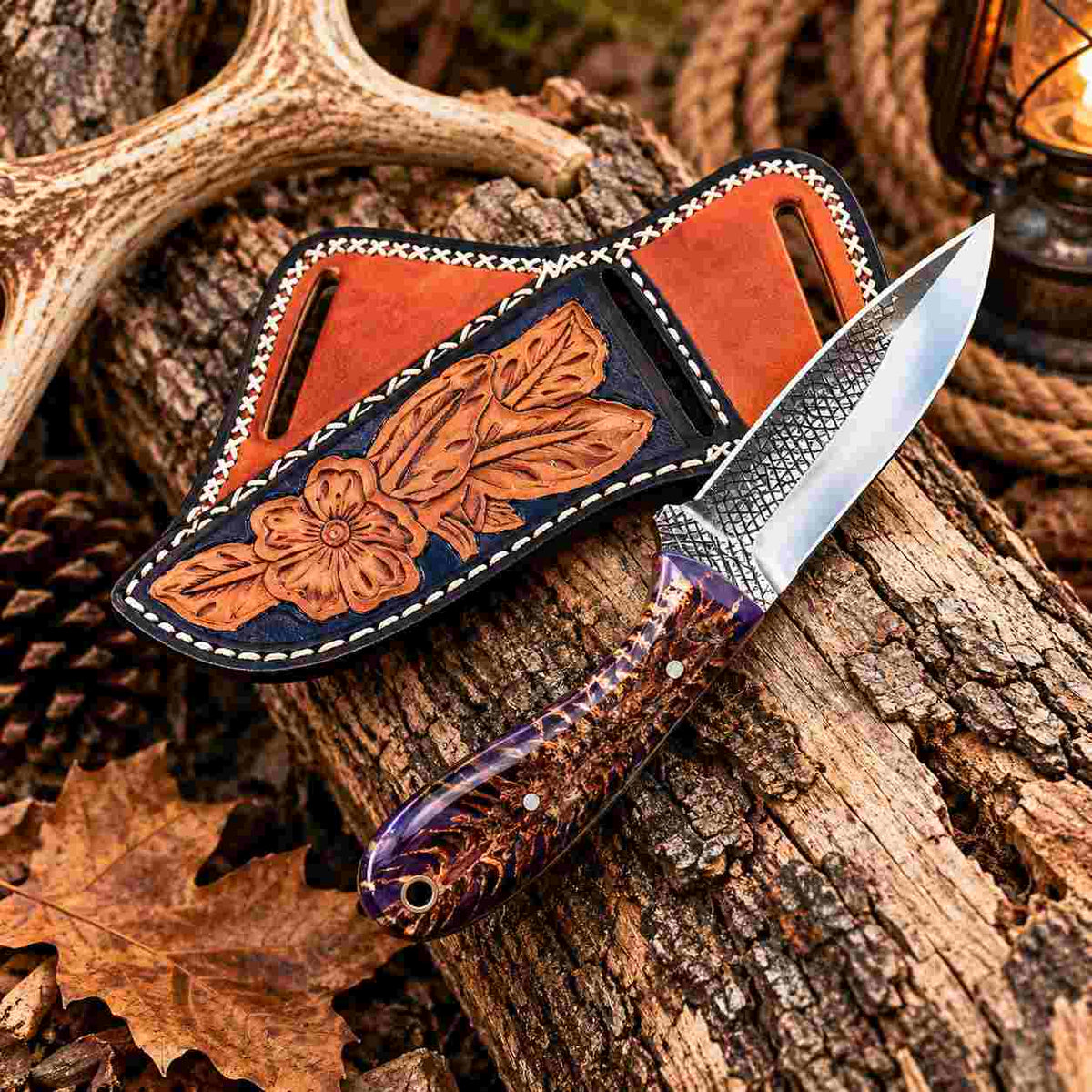 Handmade Horse Rasp Cowboy Skinner Knife with Pinecone Resin Handle & Cross-Draw Leather Sheath