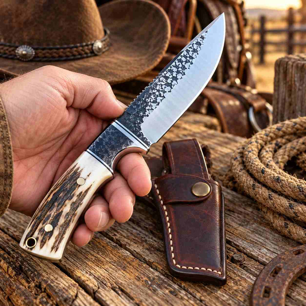 Handmade Rasp Steel Cowboy Knife with Elk Antler Handle, Stainless Bolsters & Western Leather Sheath