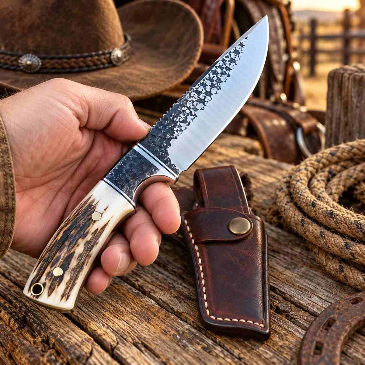 Handmade Rasp Steel Cowboy Knife with Elk Antler Handle, Stainless Bolsters & Western Leather Sheath
