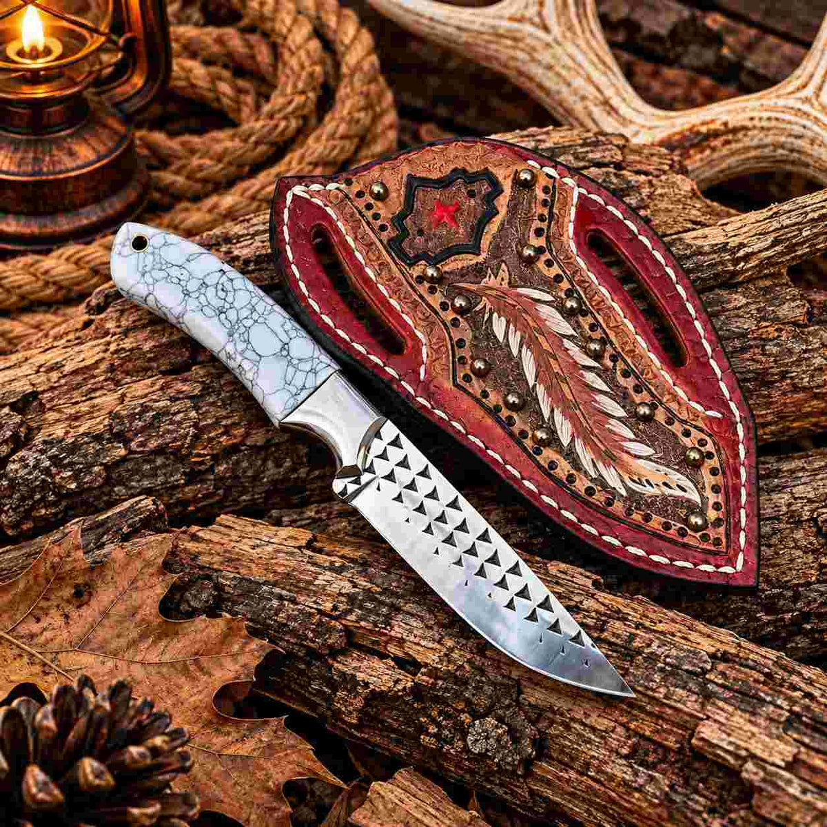 Handmade Horse Rasp Cowboy Skinner Knife with Stone Handle, Steel Bolster & Cross-Draw Leather Sheath
