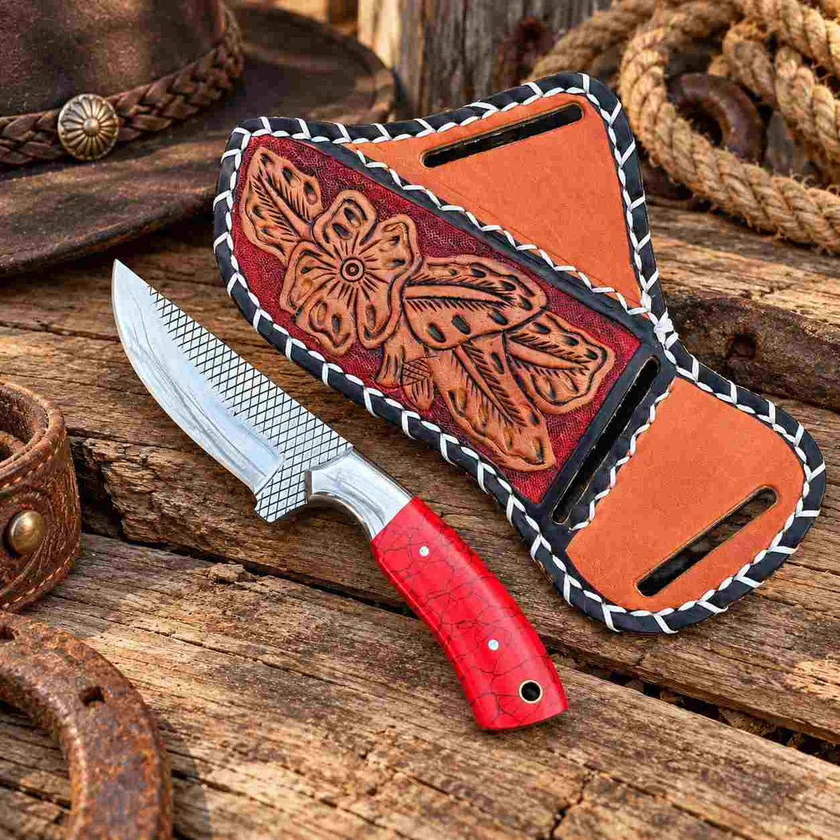 Handmade Horse Rasp Cowboy Skinner with Red Stone Handle & Cross-Draw Sheath