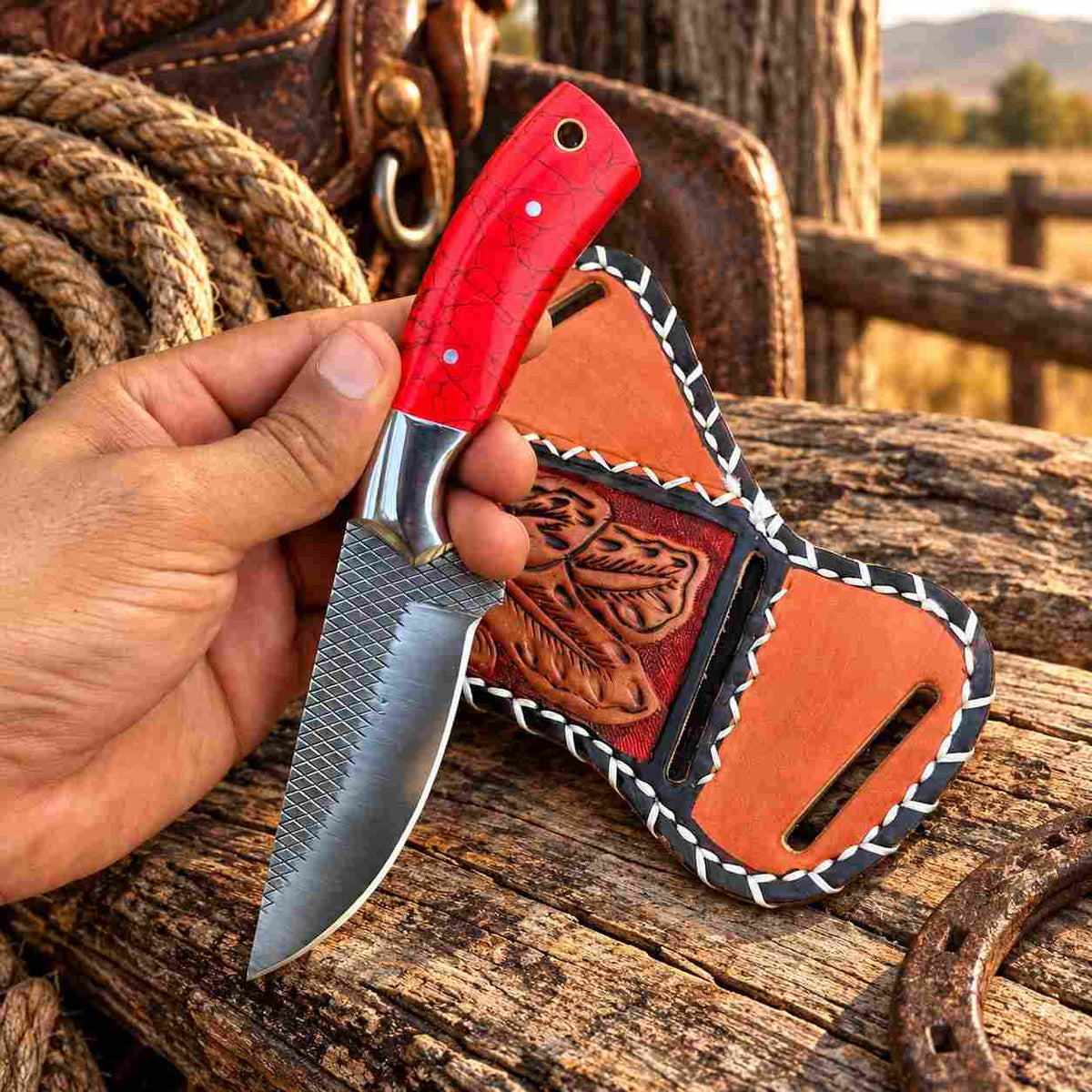 Handmade Horse Rasp Cowboy Skinner with Red Stone Handle & Cross-Draw Sheath