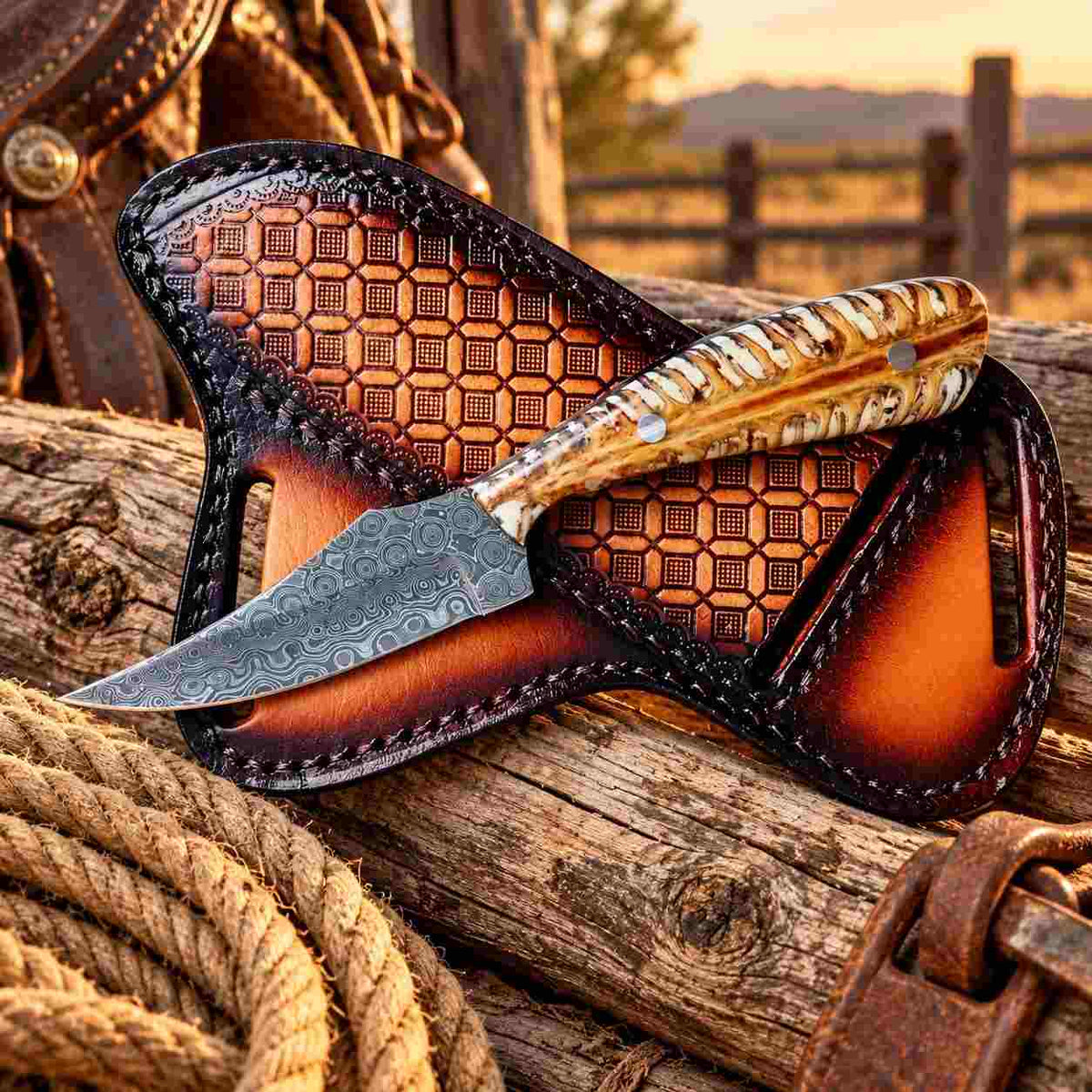Handmade Damascus Ranch Cowboy Knife with White Pinecone Handle & Western Leather Sheath