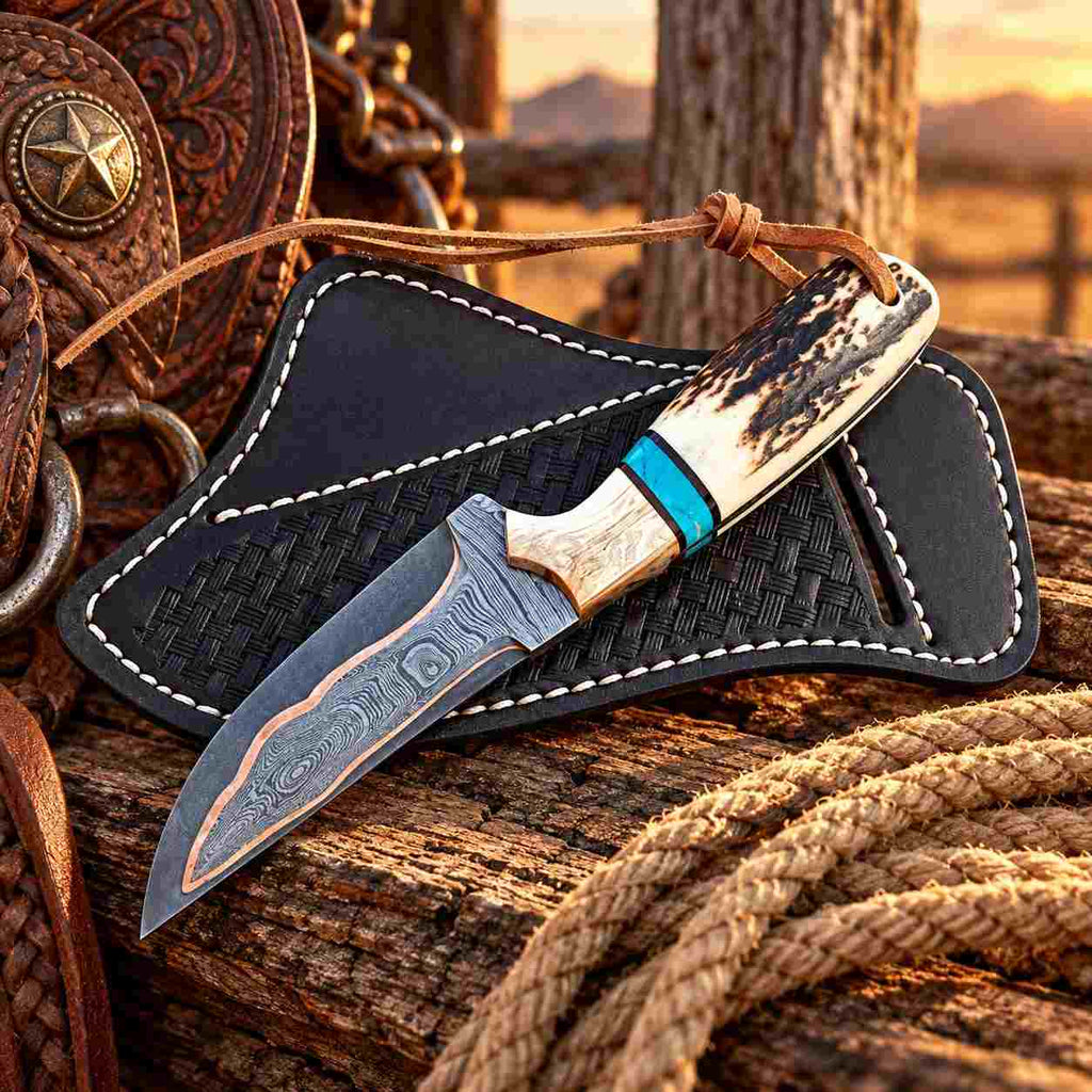 Handmade Copper Damascus Cowboy Knife with Stag Antler, Turquoise Handle & Red Copper Bolsters