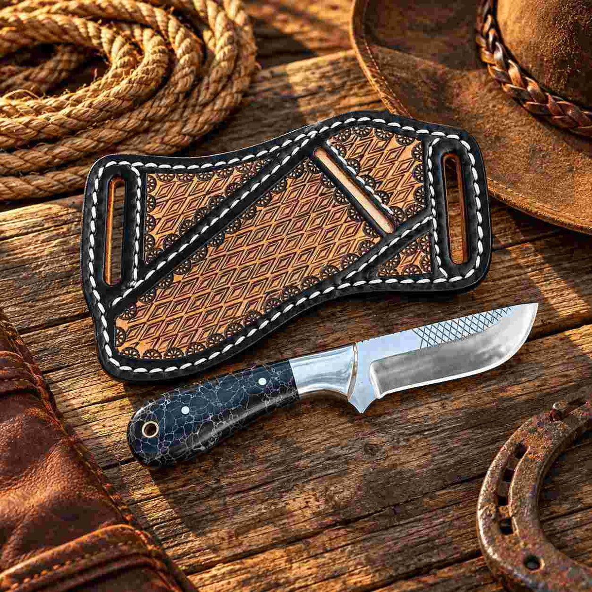 Handmade Horse Rasp Stainless Steel Cowboy Bull Cutter Knife with Orange Stone Handle & Leather Sheath – SH-DS/077