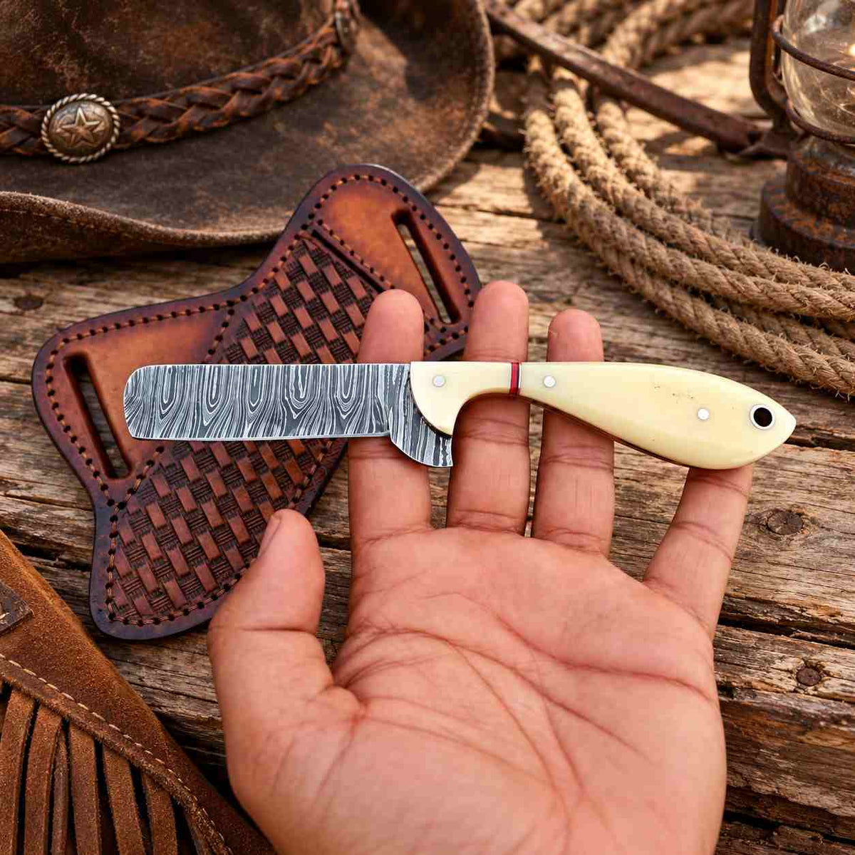 Handmade Damascus Bull Cutter Knife with Camel Bone Handle & Western Leather Sheath