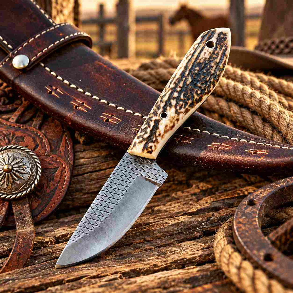 Handmade Rasp Steel Cowboy Skinner Knife with Natural Antler Handle & Western Leather Belt Sheath