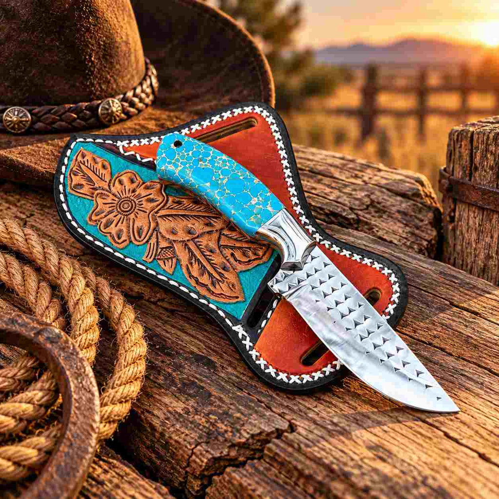 Custom Handmade Horse Rasp Stainless Steel 8-Inch Western Cowboy Skinner Knife with Stone Handle & Leather Sheath