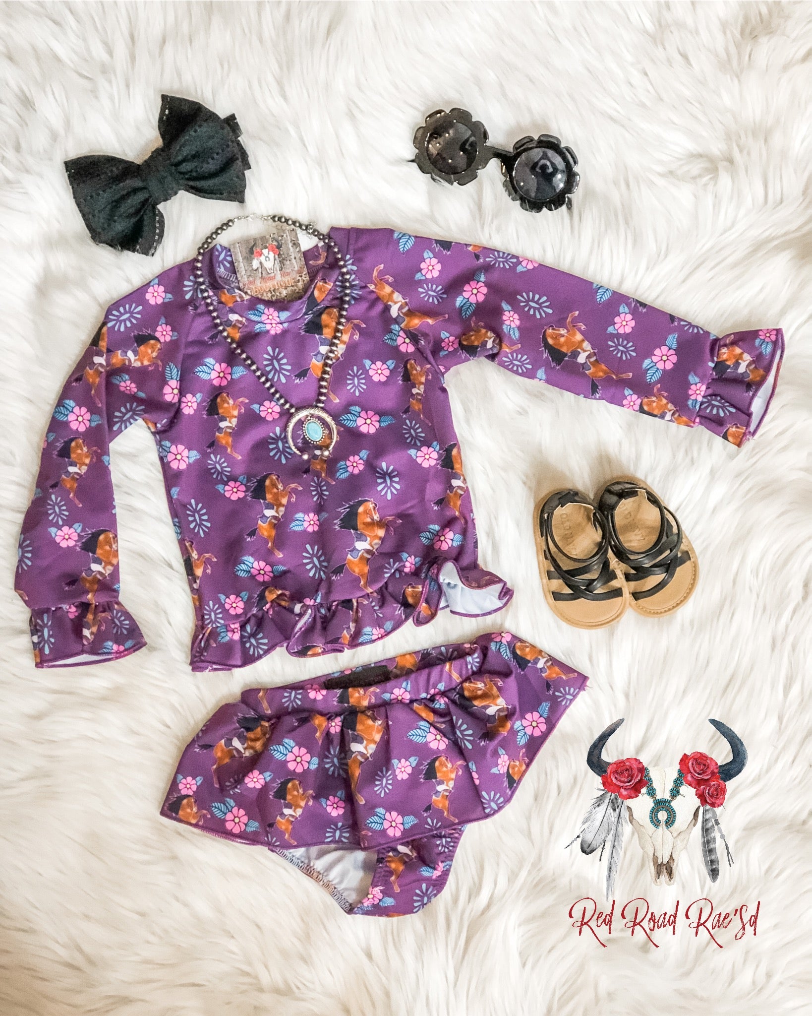 Purple Pony Rash Guard Bikini Swimsuit