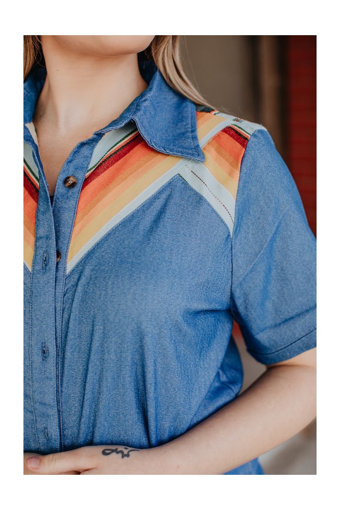 MINT SERAPE YOKE SHORT SLEEVE BUTTON UP TOP