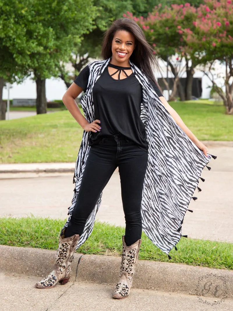 Back in Black & White Zebra-Print Cover Up with Black Tassels