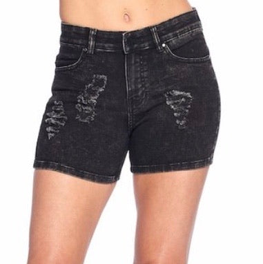 Black distressed denim shorts