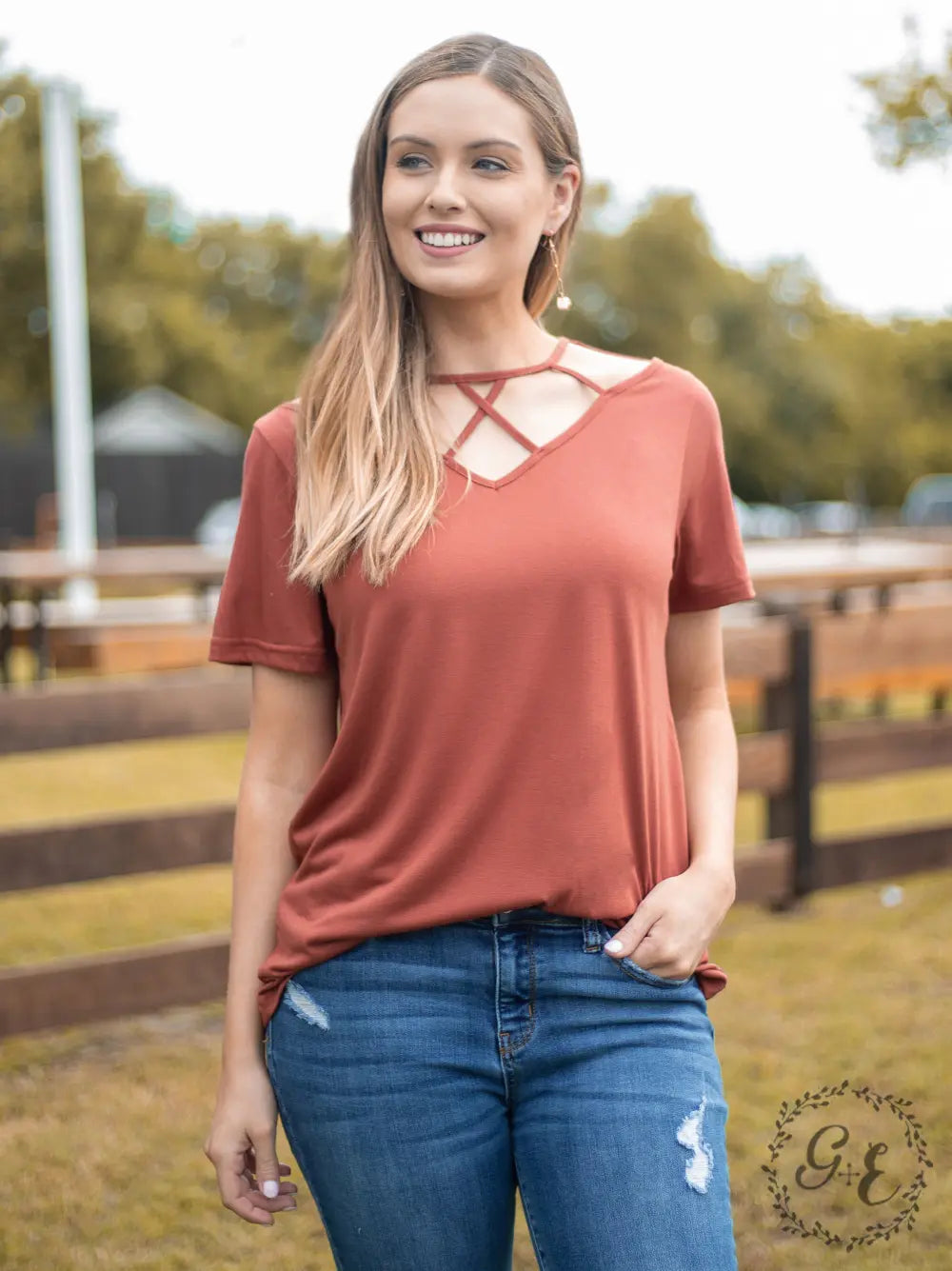 Vineyard Day Caged Neckline Tee